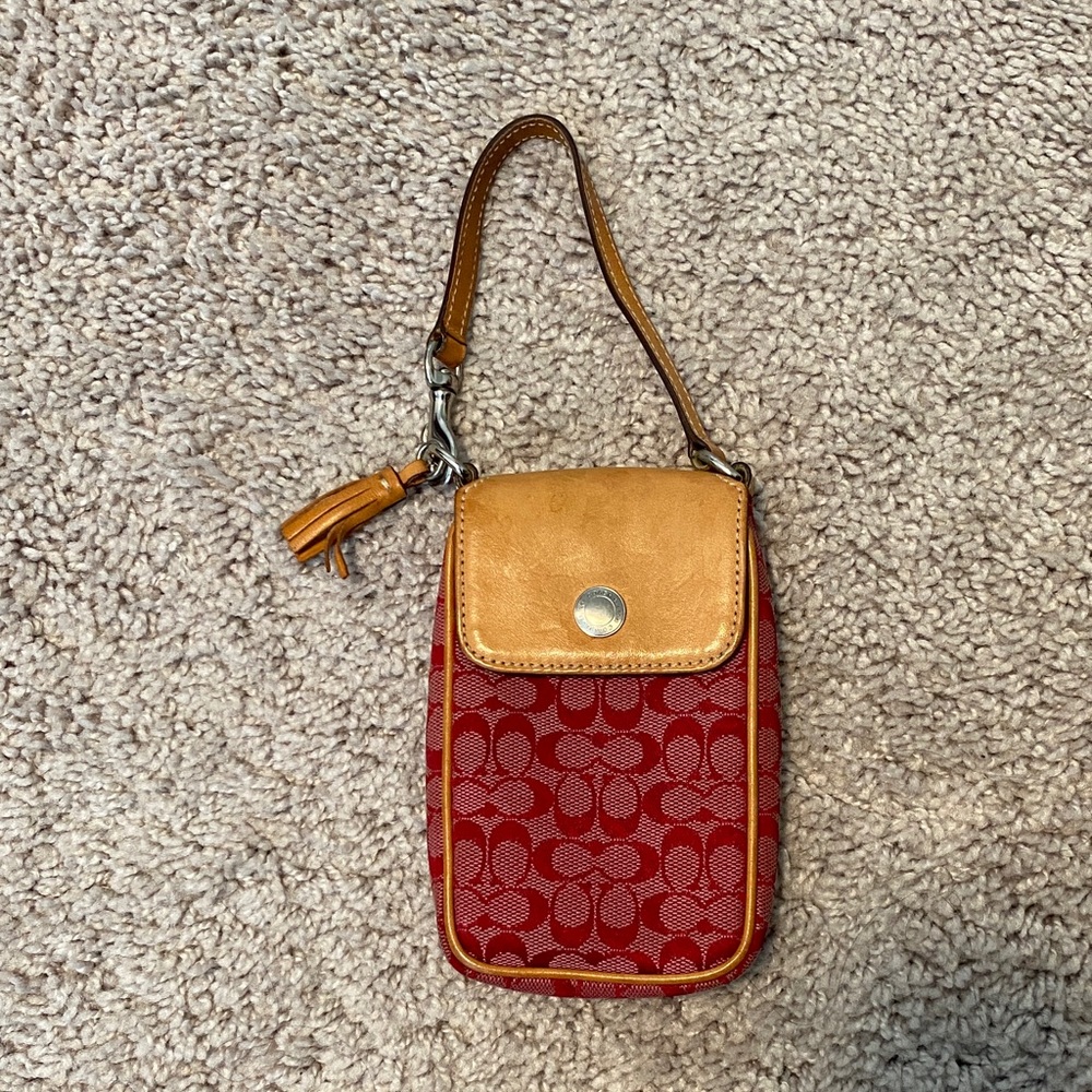 Coach Red and Tan Wristlet with Logo Pattern